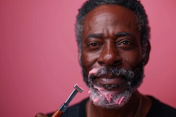 Portrait of a man shaving with pink foam covering his face, looking at camera