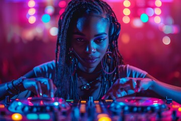 Concentrated female DJ with colorful club lights, mixing music at a nocturnal event