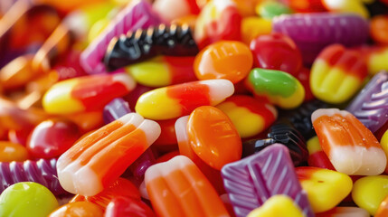 Colorful assortment of various jelly candies close-up