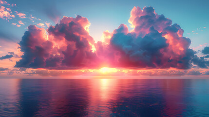 Beautiful cloud over ocean water at sunset in Golden pink blue and green tones. Generative Ai