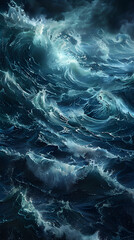 A large wave in the ocean. The water is dark blue and the wave is crashing against the shore. The mood of the painting is calm and peaceful