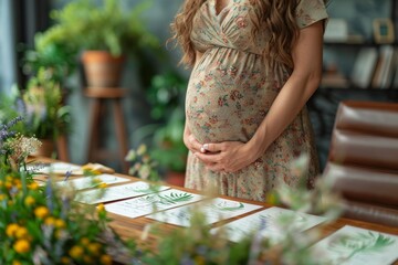 A pregnant woman in a floral dress lovingly holds her belly while arranging invitations or greeting cards on a table, possibly for a baby shower with a cozy indoor plant-filled ambiance - obrazy, fototapety, plakaty