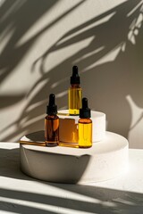 Bottles of serum and essential cosmetic oil on a podium with shadows in the background. Spa product for skin care