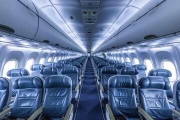 Modern airplane interior with rows of empty blue seats