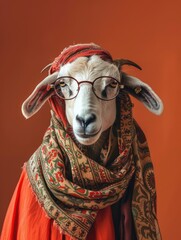Portrait of a stylish ram in Arabic clothes and sunglasses on a single color background. Eid Al Adha Mubarak greeting card with sheep. Eid Al Adha concept background and copy space - generative ai