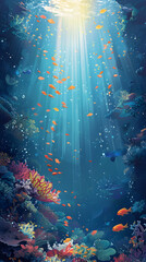 Fototapeta na wymiar A colorful underwater scene with fish swimming in the water. The fish are orange and blue, and the water is clear and bright