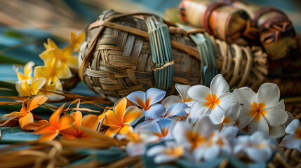 A festive greeting card adorned with a beautifully woven Panduru (a traditional New Year decoration), vibrant frangipani flowers, and a pair of traditional Raban drums.