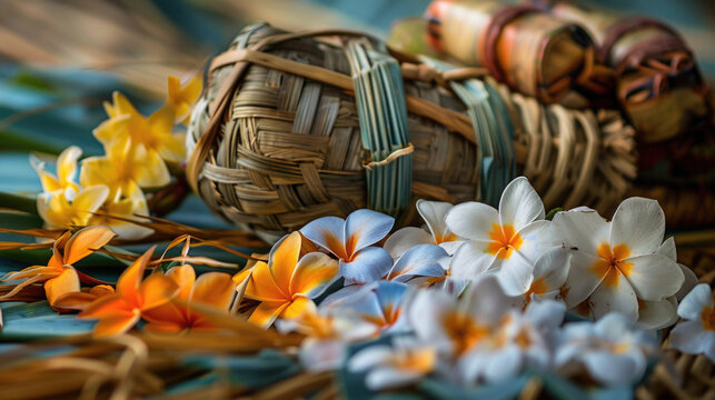A festive greeting card adorned with a beautifully woven Panduru (a traditional New Year decoration), vibrant frangipani flowers, and a pair of traditional Raban drums.