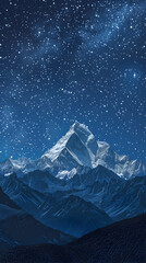 A mountain range covered in snow and surrounded by a starry sky. The mountains are majestic and the sky is clear and starry