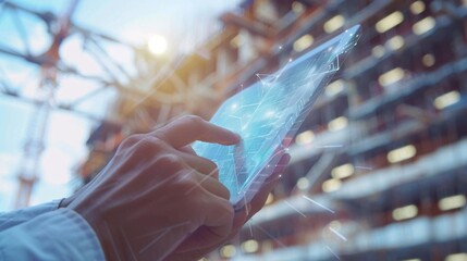 Revolutionizing construction management through a smart project system, capturing the use of a digital tablet with specialized software against a bustling construction site backdrop