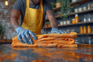 A person in a protective apron is diligently cleaning a wooden bar counter using a vibrant orange towel