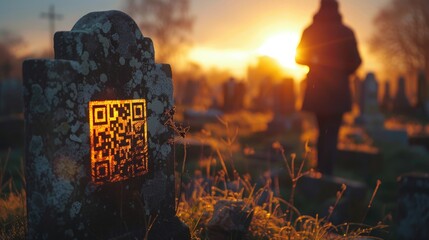 A granite tombstone adorned with a QR code sticker at its heart. A blend of tradition and the digital age displays a cascade of vibrant memories and stories of the deceased, unlocked by the QR code. - obrazy, fototapety, plakaty