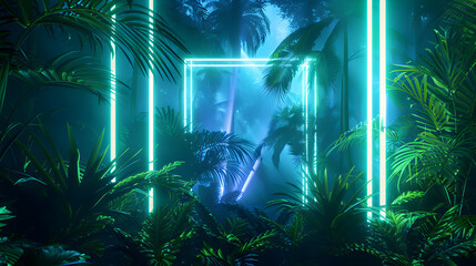 Obraz premium A neon green jungle with a green lighted tree in the middle