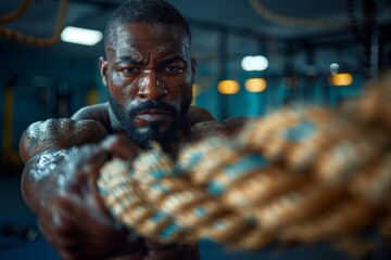 Fototapeta na wymiar A muscular man is captured pulling a heavy battle rope, focused and determined in an intense gym setting