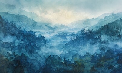 A watercolor illustration of a misty valley at dawn