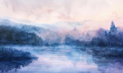 Fototapeta premium A watercolor illustration of a misty valley at dawn