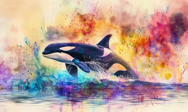 A watercolor depiction of an orca whale breaching the surface against a backdrop of vibrant ocean hues