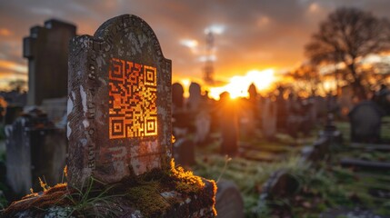 A granite tombstone adorned with a QR code sticker at its heart. A blend of tradition and the digital age displays a cascade of vibrant memories and stories of the deceased, unlocked by the QR code.