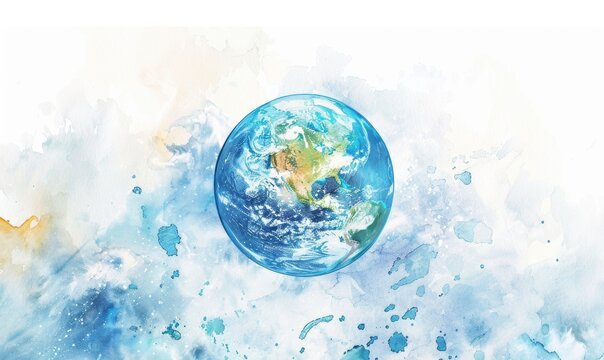 A watercolor illustration of the Earth globe against a gradient sky background