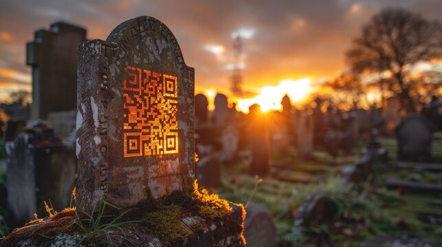 A granite tombstone adorned with a QR code sticker at its heart. A blend of tradition and the digital age displays a cascade of vibrant memories and stories of the deceased, unlocked by the QR code.