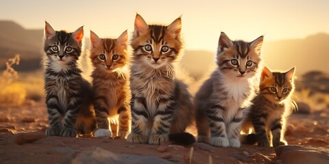 group of four cute maine coon kittens in the desert at sunset