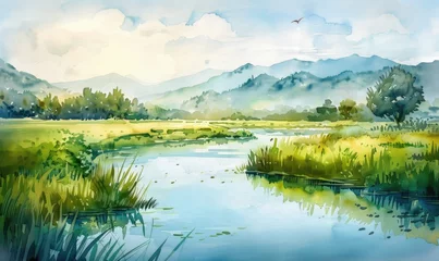 Foto op Canvas A watercolor illustration of valley with calm river flowing through verdant fields © TheoTheWizard
