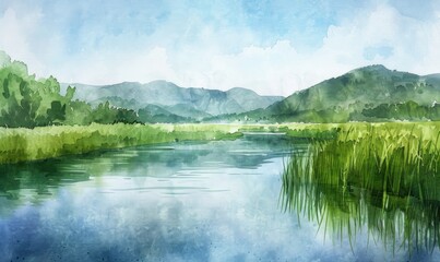 Fototapeta na wymiar A watercolor illustration of valley with calm river flowing through verdant fields