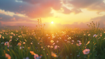serenity of a peaceful meadow at sunset - obrazy, fototapety, plakaty