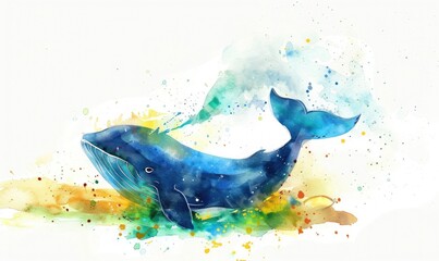 A watercolor illustration of a playful whale spraying water from its blowhole