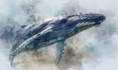 Watercolor illustration of a humpback whale in the ocean - obrazy, fototapety, plakaty
