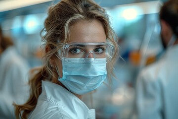 Close-up of a female healthcare professional wearing protective face mask and safety goggles