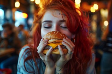 Closeup of young woman with red hair and piercing with closed eyes sitting at table and enjoy eating hamburger in restaurant