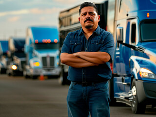 Latino trucker standing next to his truck with confident attitude proud of his work.