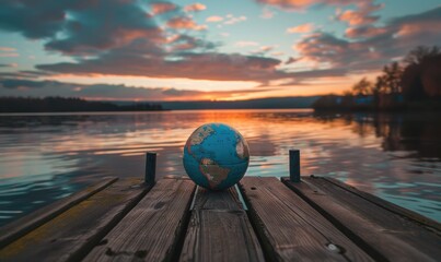An Earth globe placed on a wooden dock overlooking a calm lake with a picturesque sky - obrazy, fototapety, plakaty