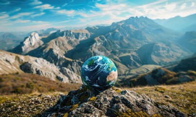 An Earth globe set against a mountain backdrop with a clear blue sky