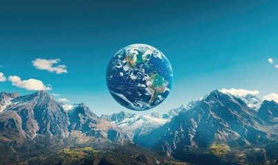 An Earth globe set against a mountain backdrop with a clear blue sky - obrazy, fototapety, plakaty