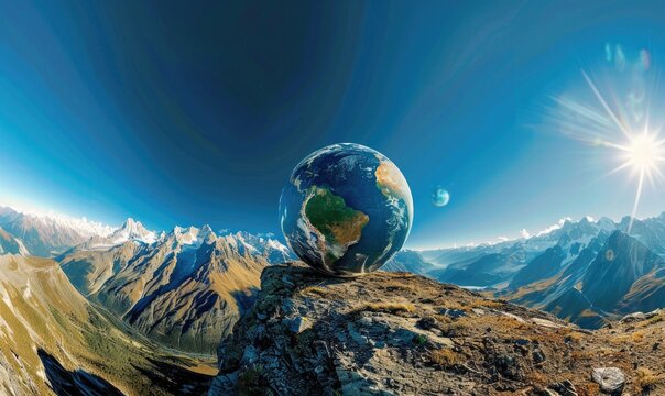 An Earth globe set against a mountain backdrop with a clear blue sky