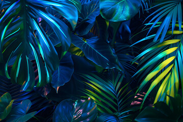 Fototapeta premium A lush green jungle with a blue sky background. The leaves are vibrant and the colors are bright