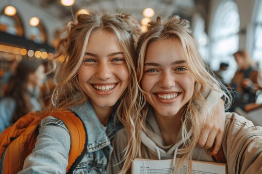 Joyful twin sisters taking a selfie with genuine smiles and casual clothing in a social setting