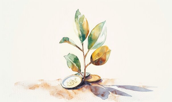 Watercolor illustration of money coins attached to a budding tree sprout