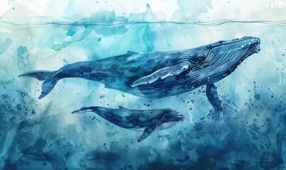 Watercolor illustration of mother whale with her calf in ocean - obrazy, fototapety, plakaty