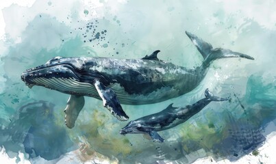 Fototapeta premium Watercolor illustration of mother whale with her calf in ocean