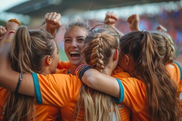 Women's football team in orange jerseys huddling and expressing joy, likely after winning a game or...