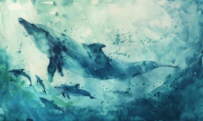 Watercolor illustration of a pod of dolphins swimming alongside a whale
