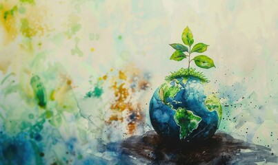 Vibrant watercolor painting of Earth with tree saplings growing on top