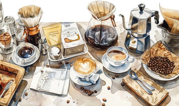 Watercolor illustration of a coffee shop scene with various coffee-related items like cups