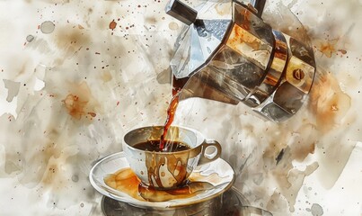 Watercolor illustration of a vintage coffee pot pouring coffee into a cup