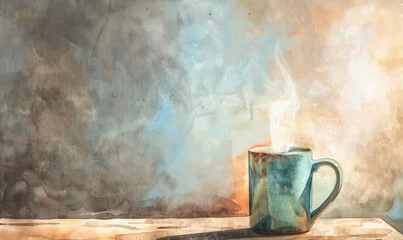 Foto op Plexiglas Watercolor painting of a coffee mug with steam rising © TheoTheWizard