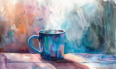 Watercolor painting of a coffee mug with steam rising - obrazy, fototapety, plakaty
