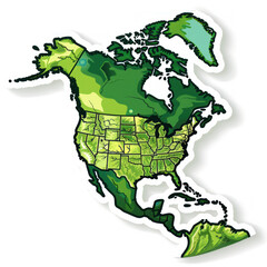 A colorful topographical sticker of North America showcasing diverse terrain and country borders.
